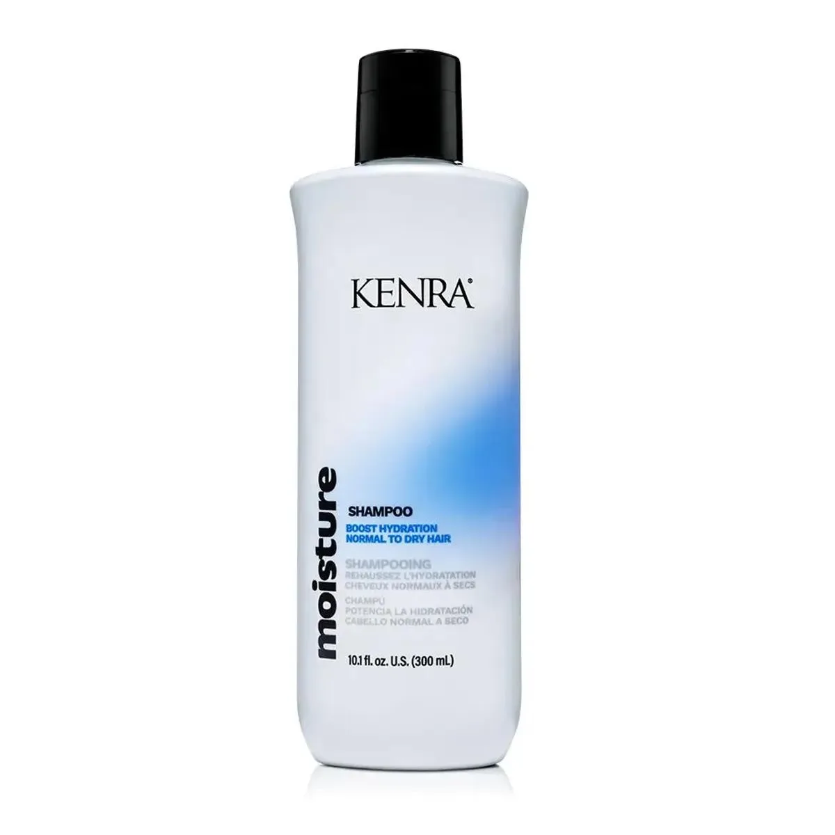 White cylindrical bottle with flip cap labeled Kenra Moisture Shampoo 10.1oz 300ml