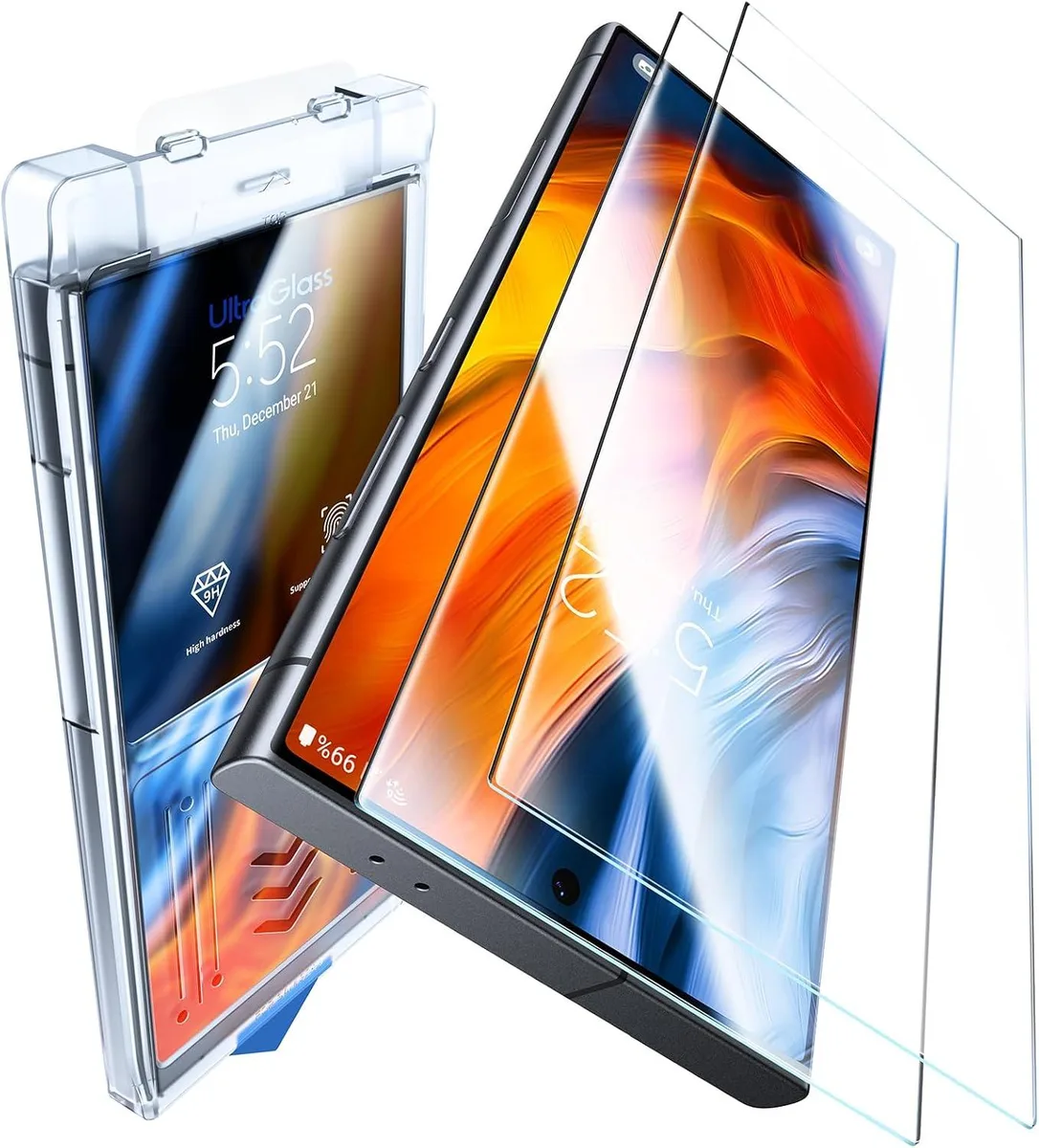 Two clear tempered-glass screen protectors for Galaxy S24 Ultra in a retail pack
