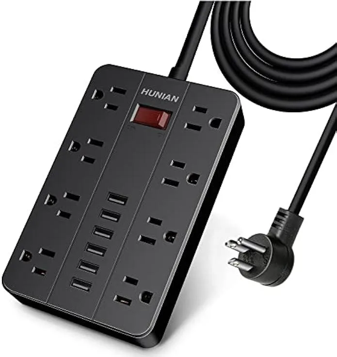 Black rectangular power strip with eight widely spaced outlets and six USB ports on the front face
