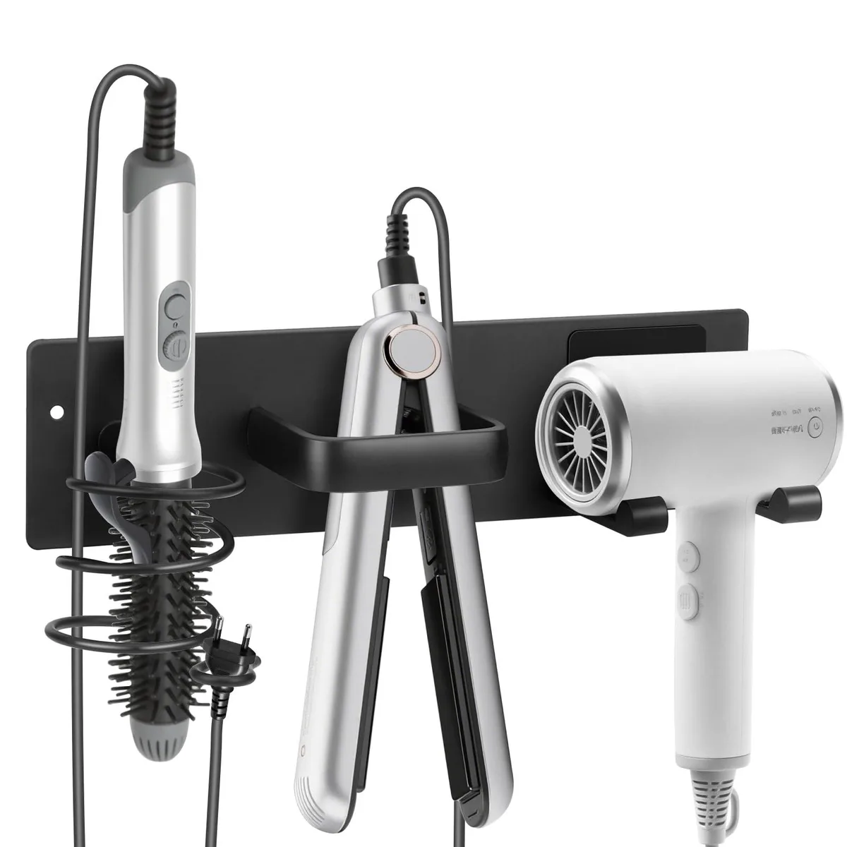 Wall-mounted aluminum hair tool holder with side hooks