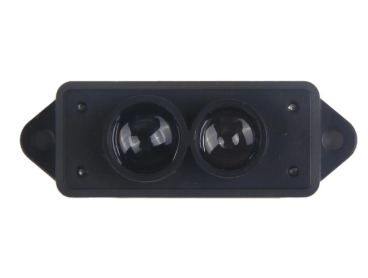 Small black rectangular LiDAR module with gold pins and a clear optical window on one end