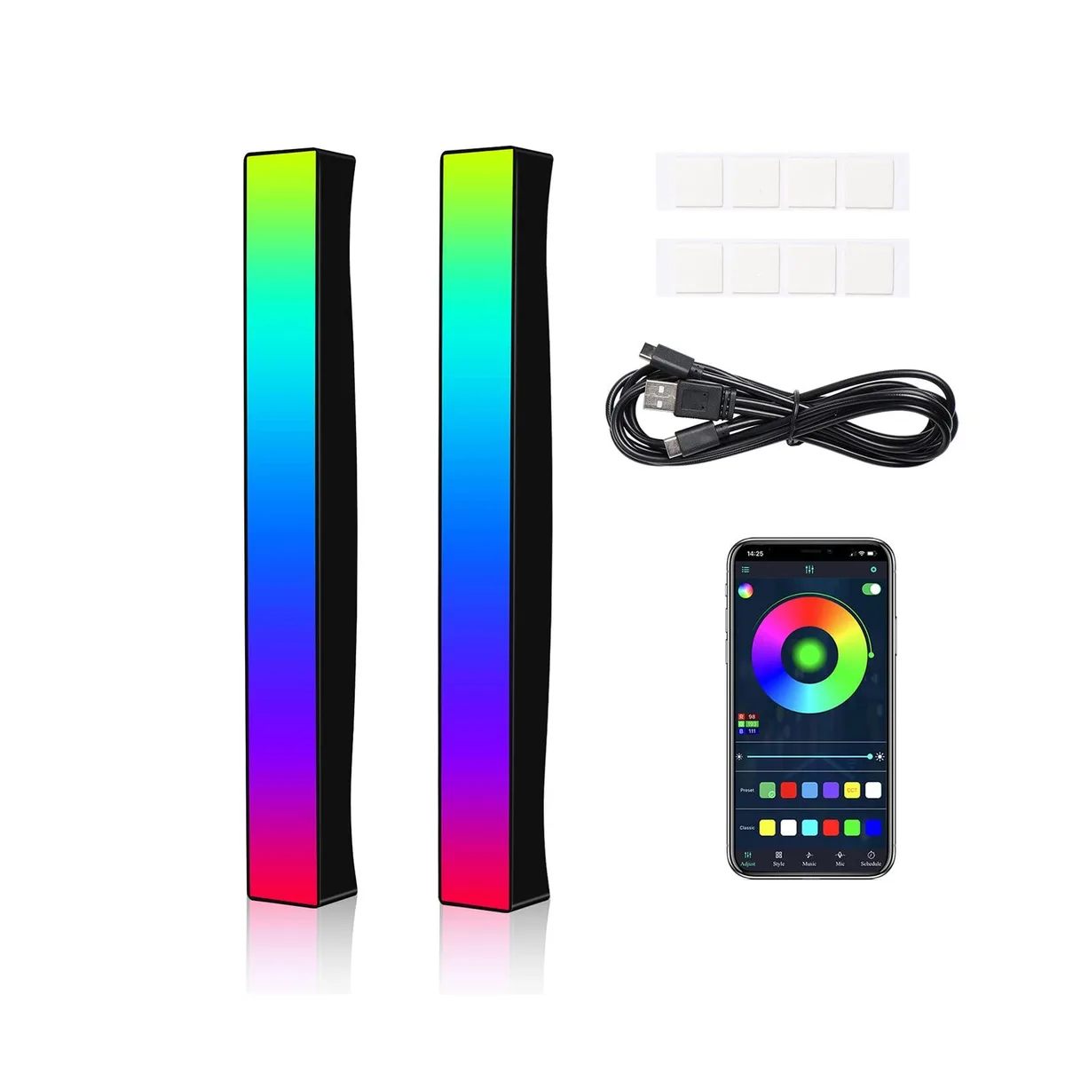 Two slim RGB light bars with glossy black finish and exposed LED strips, each showing colourful music-reactive patterns