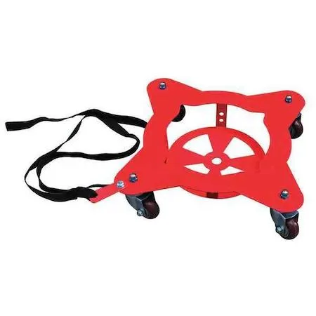 Red steel drum dolly on four casters for five gallon container
