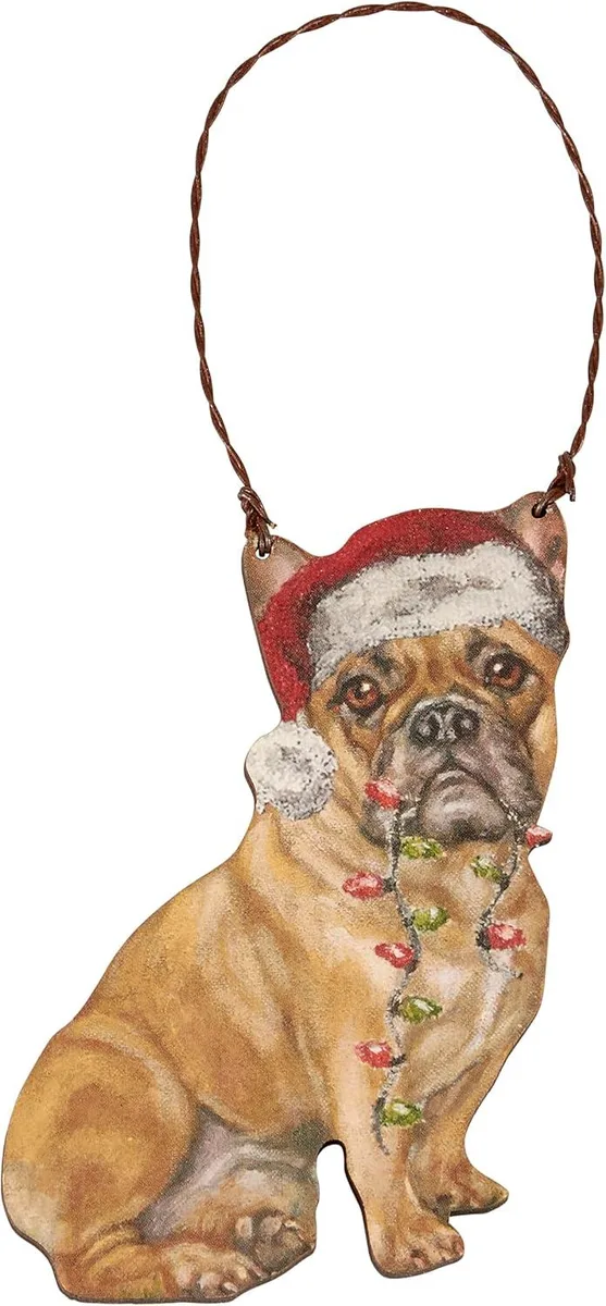 Primitives By Kathy Primitives By Kathy French Bulldog Santa Hat Wooden Ornament — product photo
