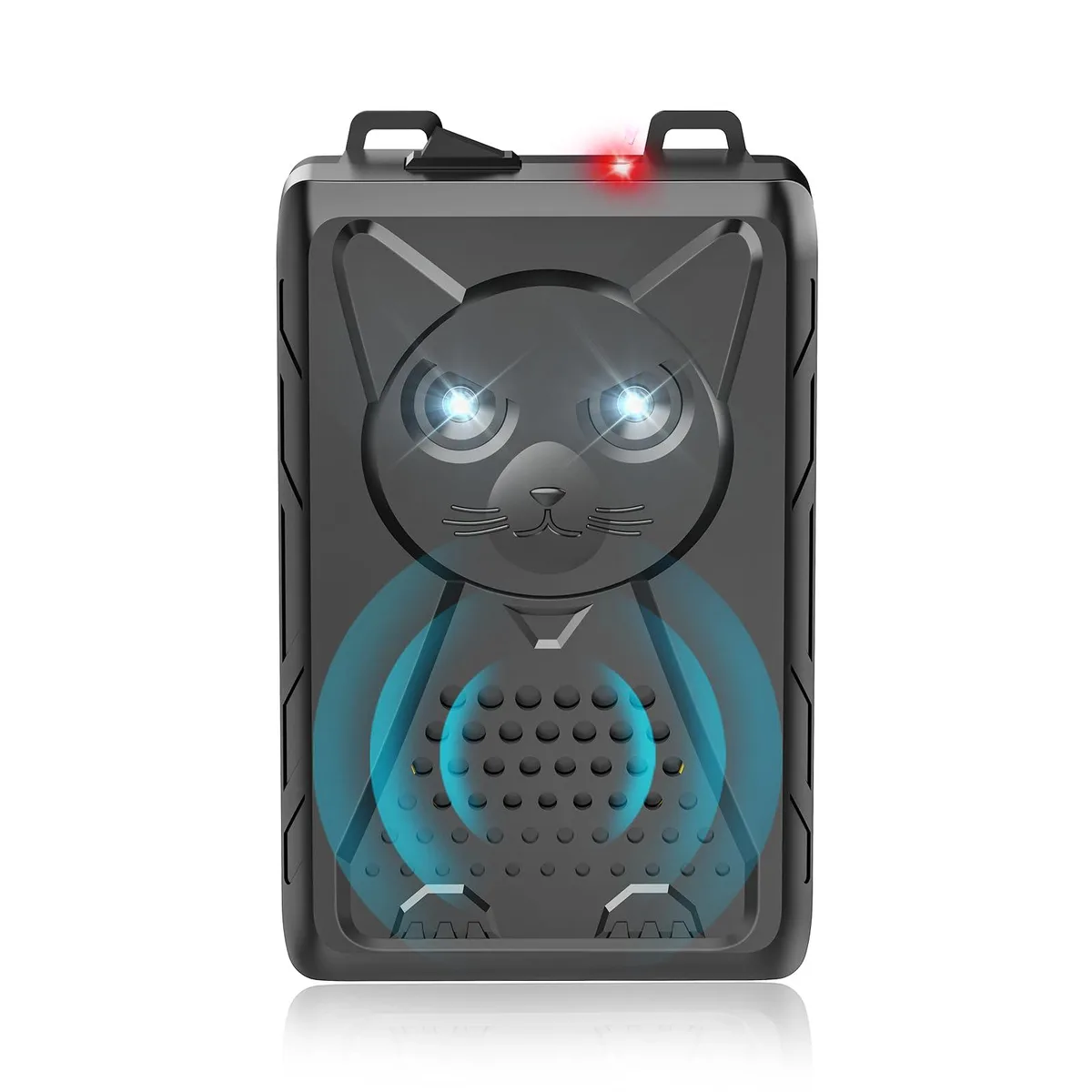Small white rectangular pest repeller with red and white LEDs, zip ties attached