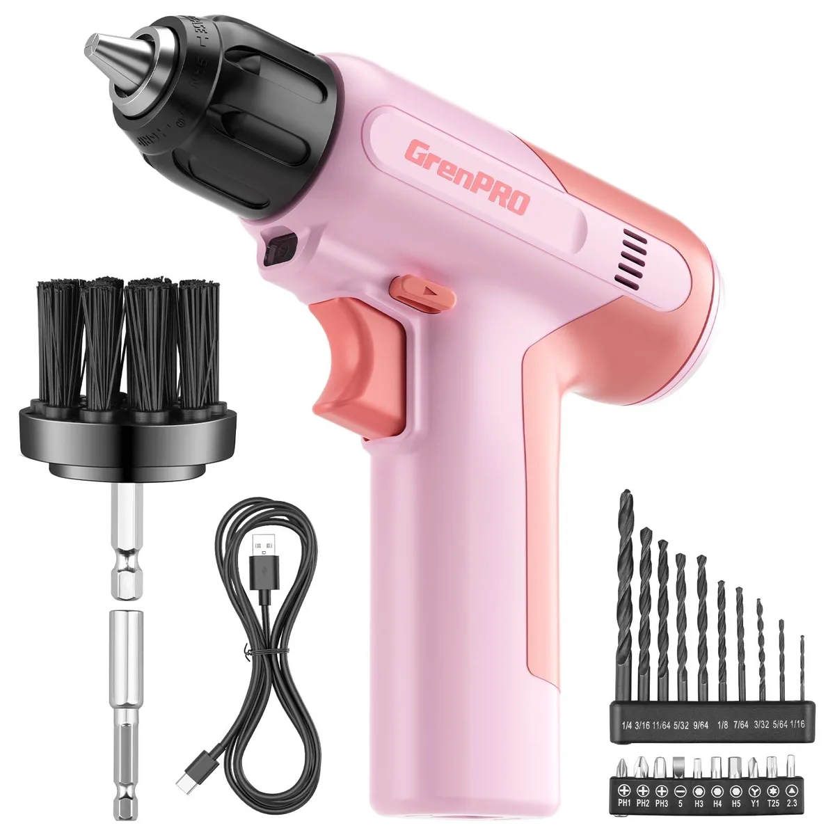 Pink cordless drill set with 23 accessories, keyless chuck, built-in LED, Type-C cable
