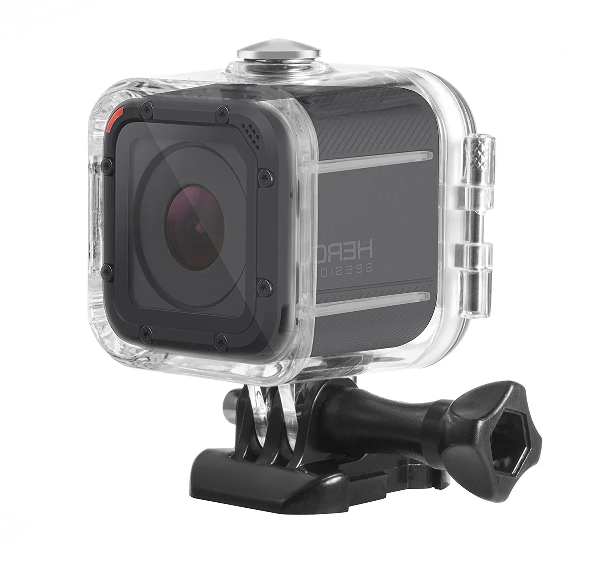 Black waterproof dive housing for GoPro Session cameras, flat glass lens, dual buckle latch, rated to 45 meters or 147 feet