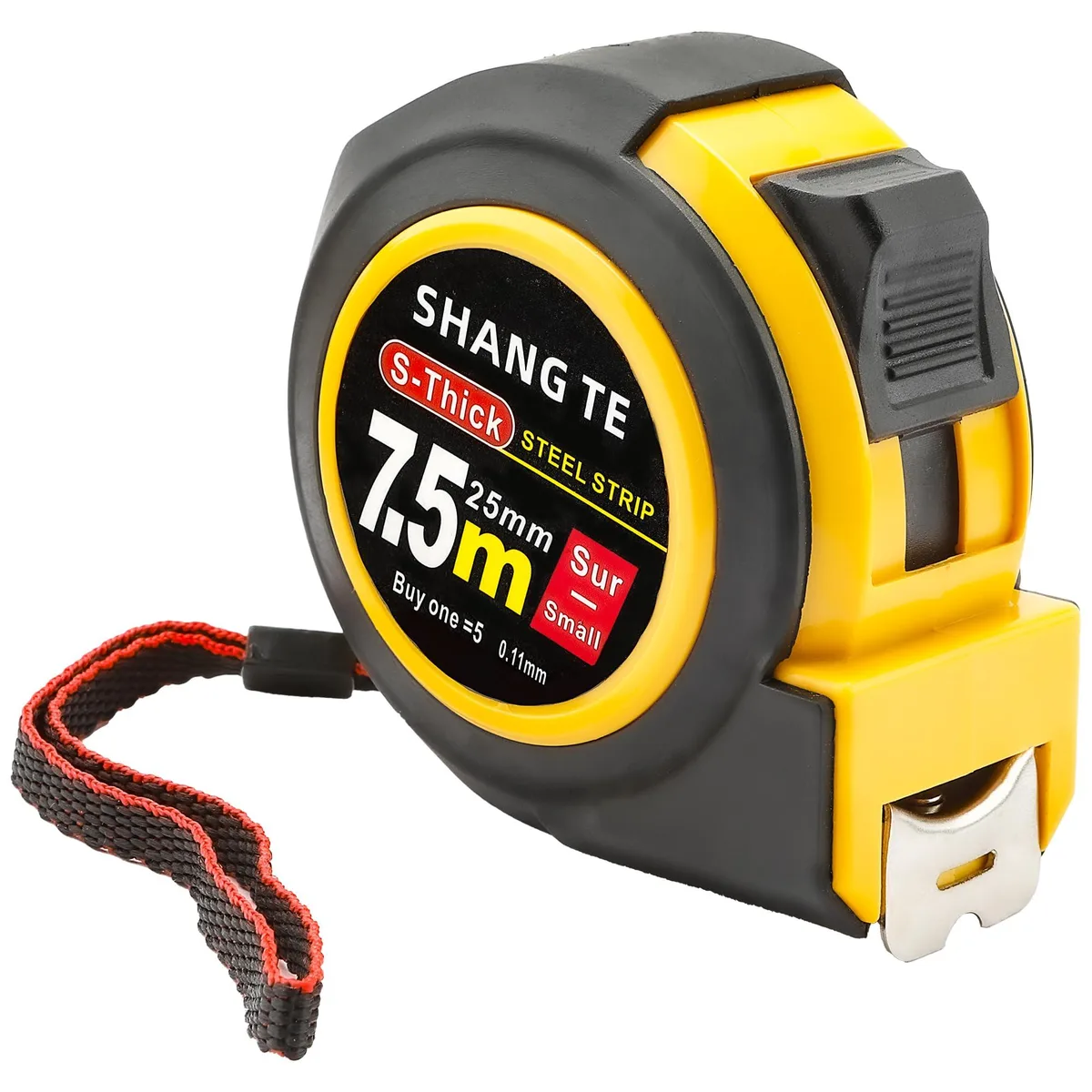 Yellow retractable steel tape measure in compact case, 25 ft blade with metric and imperial markings