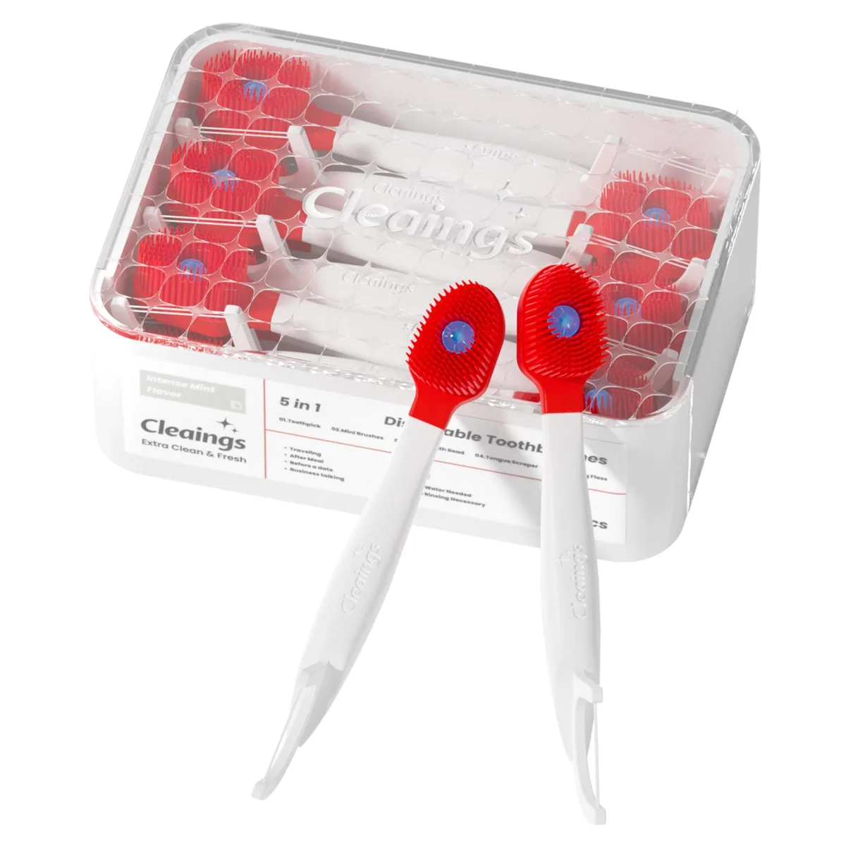 Red mini disposable toothbrushes with built-in tongue scraper, 16-count pack