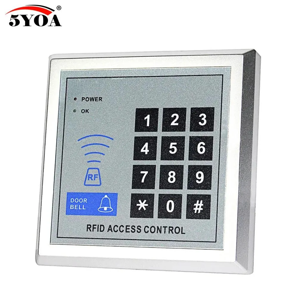 Square silver metal RFID door lock panel 11.8 by 11.8 cm with keypad and card reader