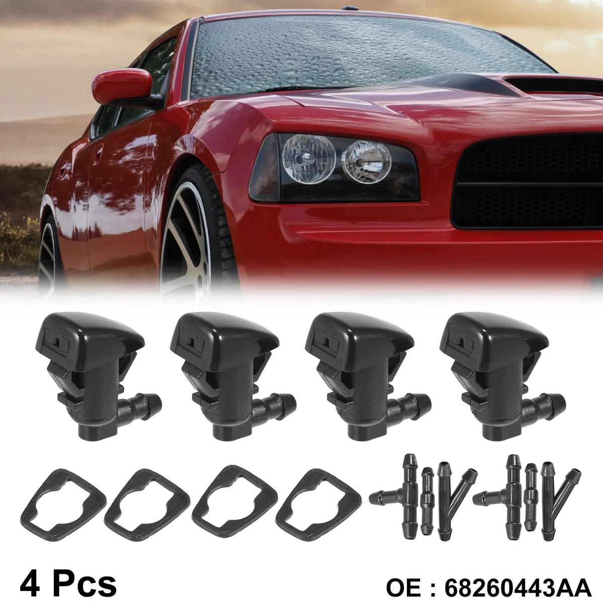 Four black plastic windshield washer nozzles with hose connectors and rubber gaskets