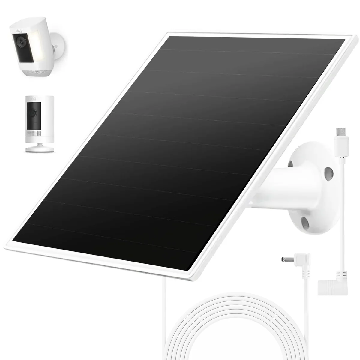 White rectangular solar panel with 360-degree mounting bracket and 9.8ft cable