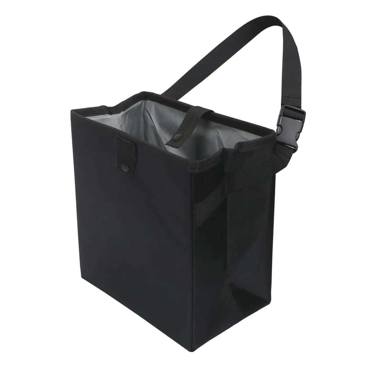 Three white collapsible car trash cans with adjustable straps