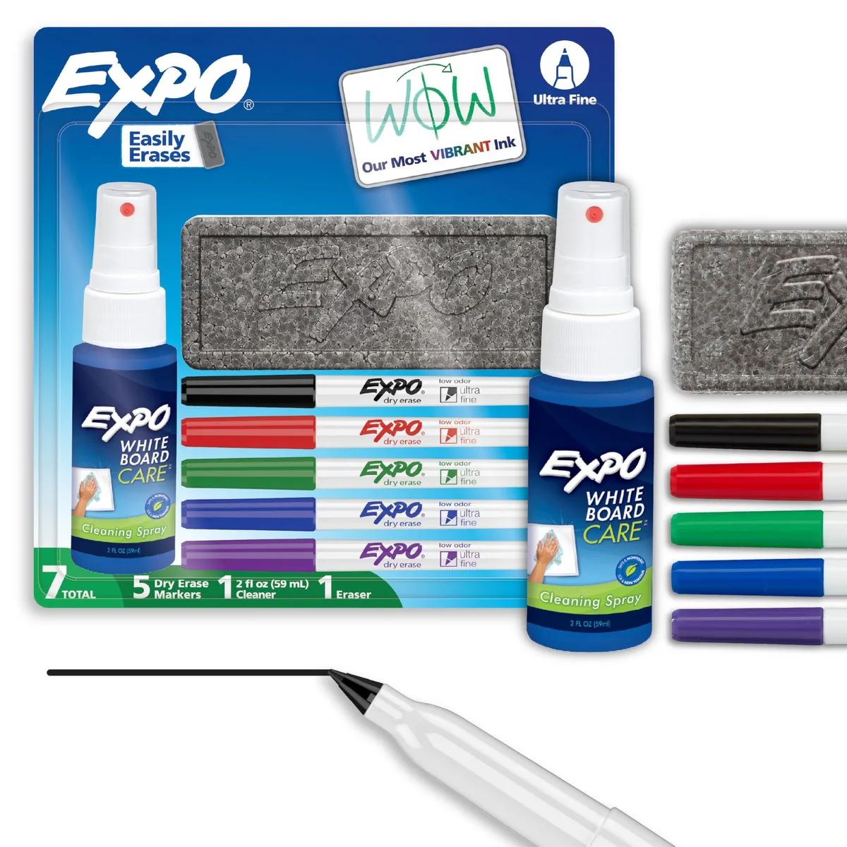 EXPO dry-erase marker kit with ultra-fine tips, eraser, spray cleaner, tropical colors