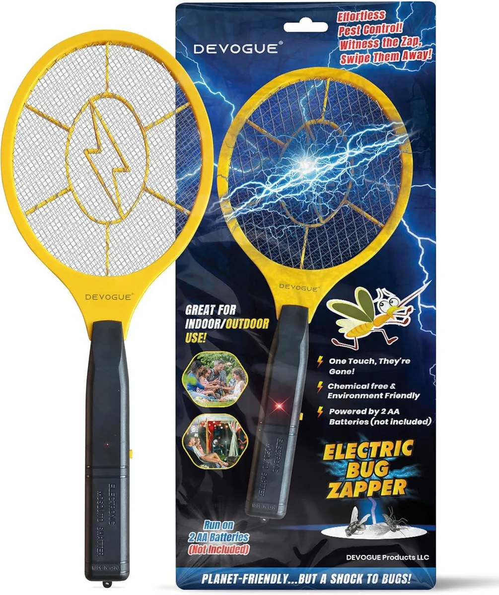 Yellow plastic electric fly swatter racket, 44 cm long, 17 cm wide, three-layer mesh grid, ergonomic handle