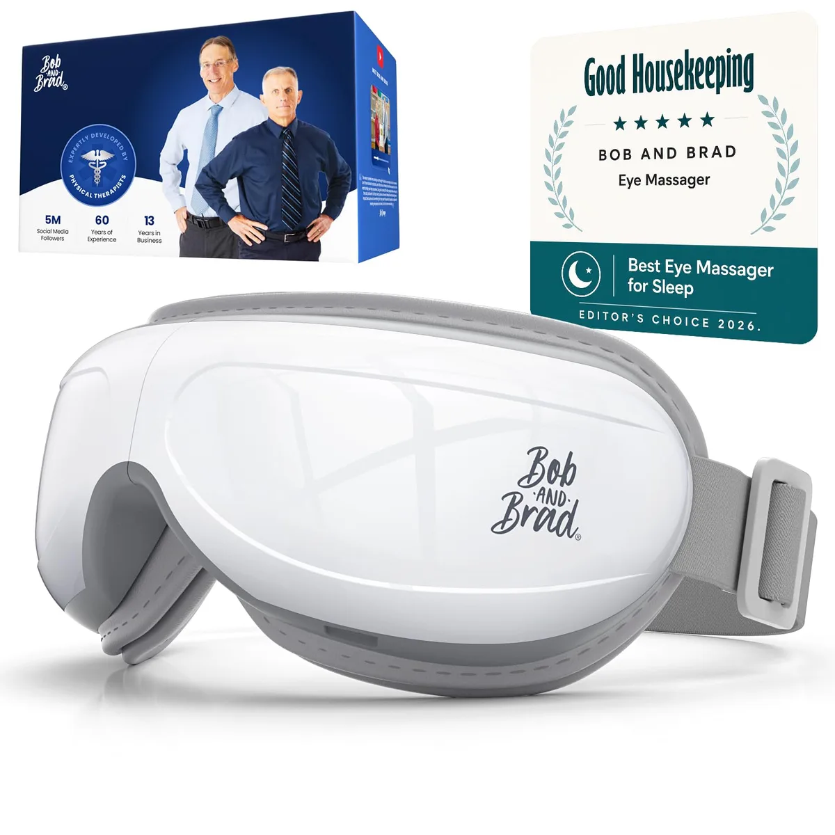 White foldable eye massager with padded double-layer mask and adjustable strap