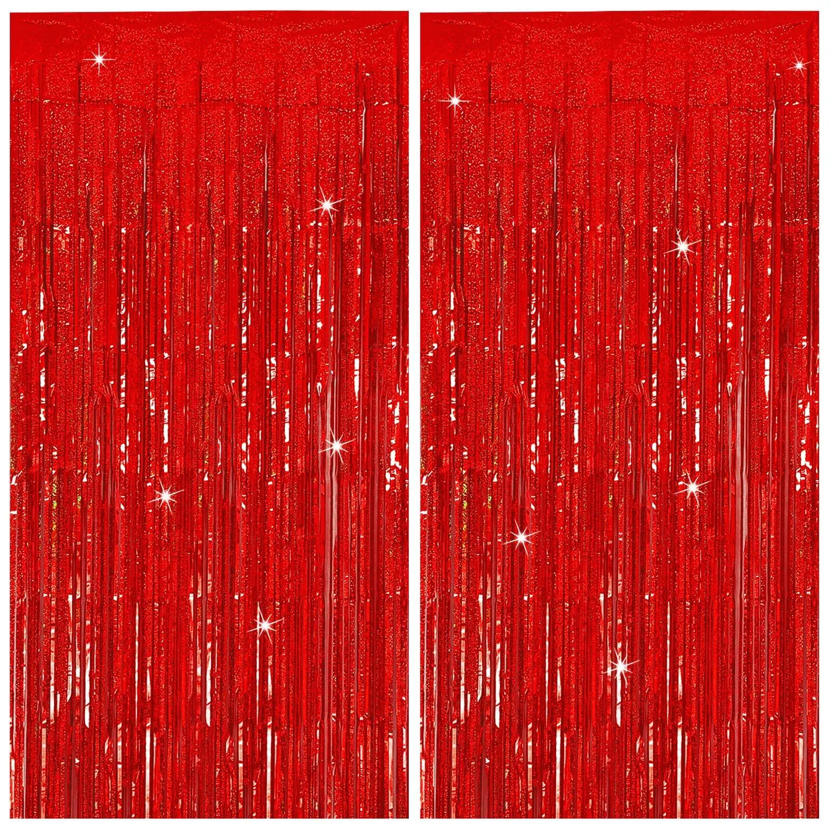 Two red tinsel foil fringe curtains, each 36 by 72 inches, shiny metallic finish