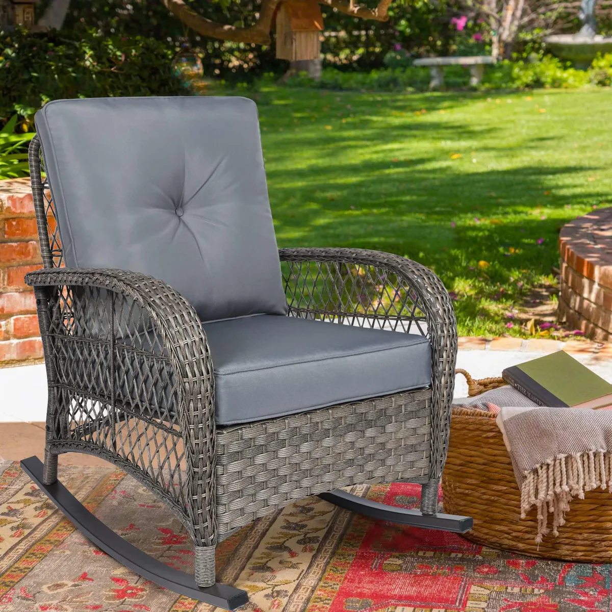 MEETWARM MEETWARM Wicker Rocking Chair with Cushions Gray — product photo