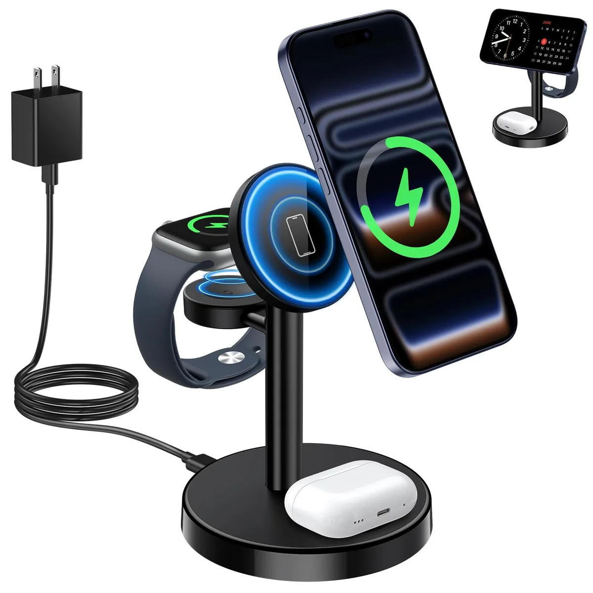 Black three-in-one MagSafe charging stand with rotating phone pad, watch charger and AirPods base