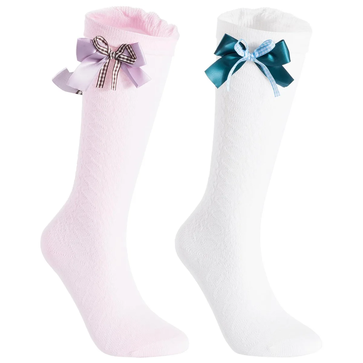 Two pairs of cute knee-high cotton socks with anti-skid grip soles and cuffed tops