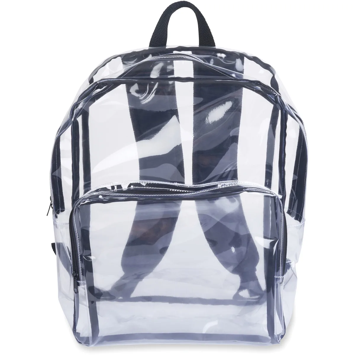 Clear vinyl backpack with black straps and zippered rear compartment