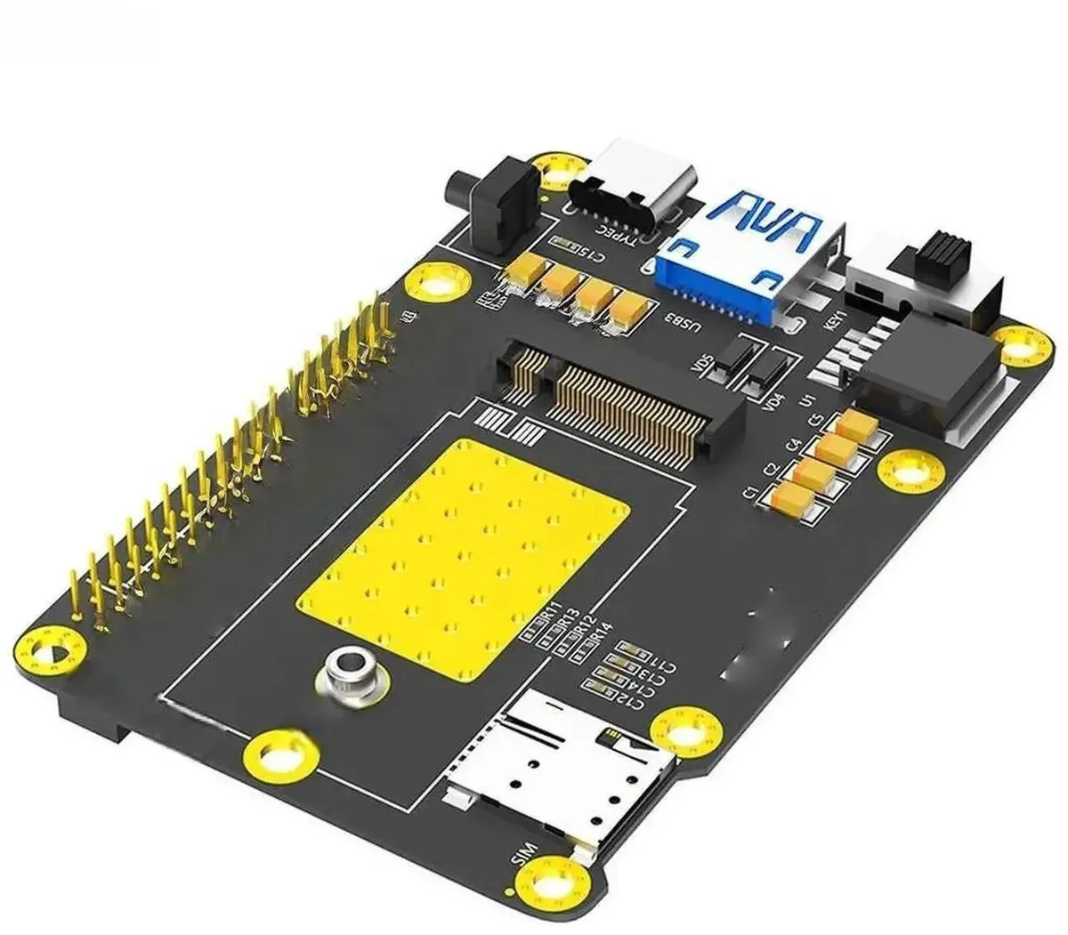 Green circuit board HAT with M.2 B-Key slot, USB 3.0 connector and SIM slot