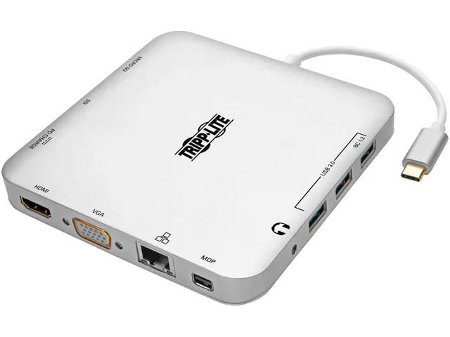 Silver square USB-C dock with HDMI VGA Mini DisplayPort Ethernet USB and card slots