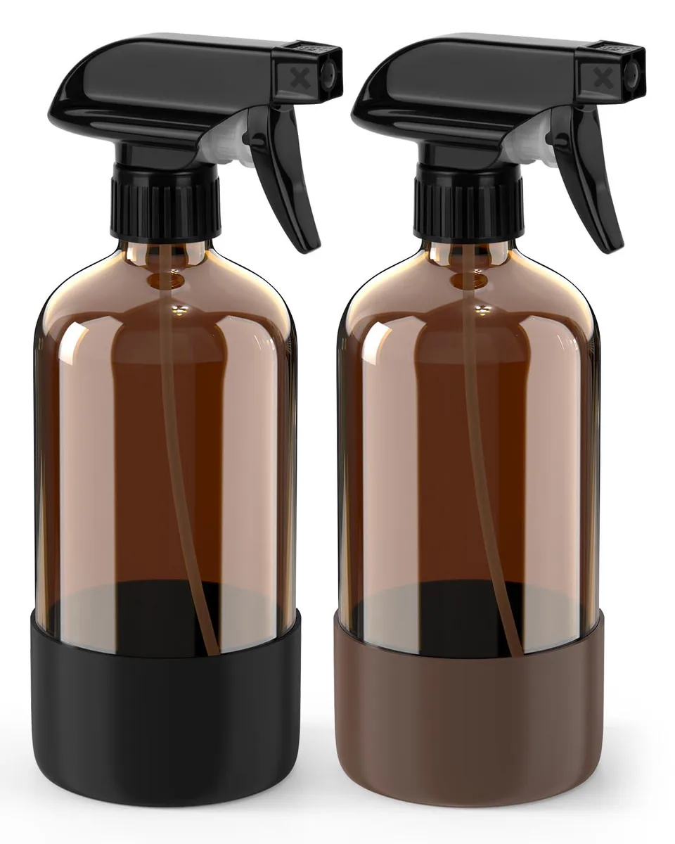  Amber Glass Spray Bottle 2 Pack 16 oz Silicone Sleeve Black Brown — product photo