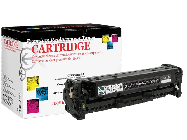 Black rectangular toner cartridge with matte finish and green chip visible