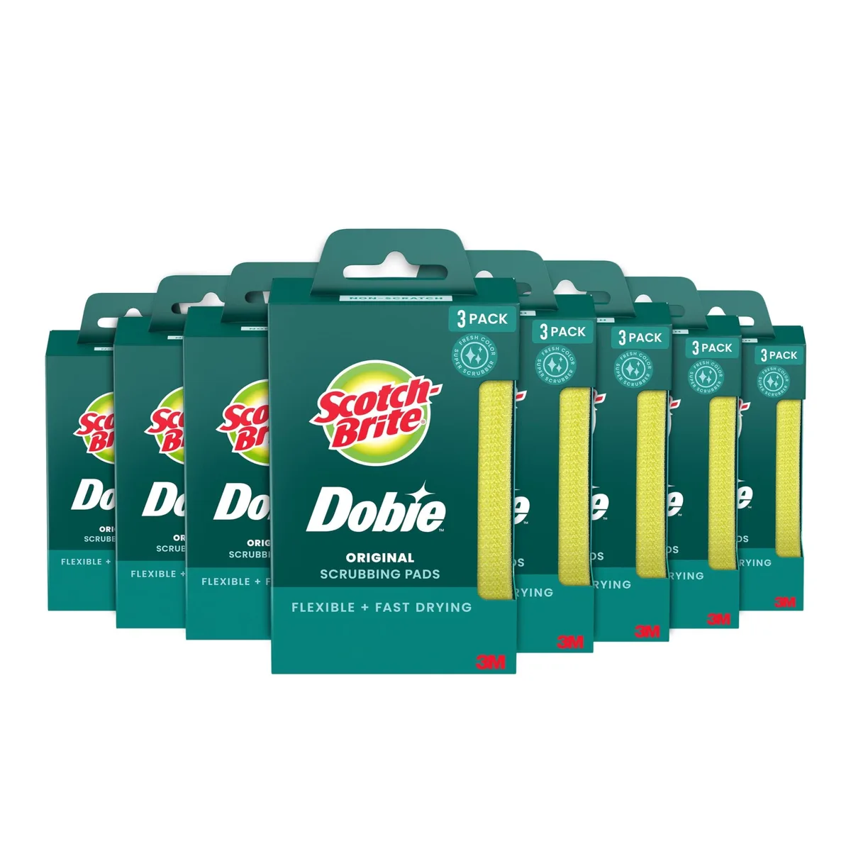 Pack of 24 white rectangular Dobie cleaning pads in a clear plastic bag