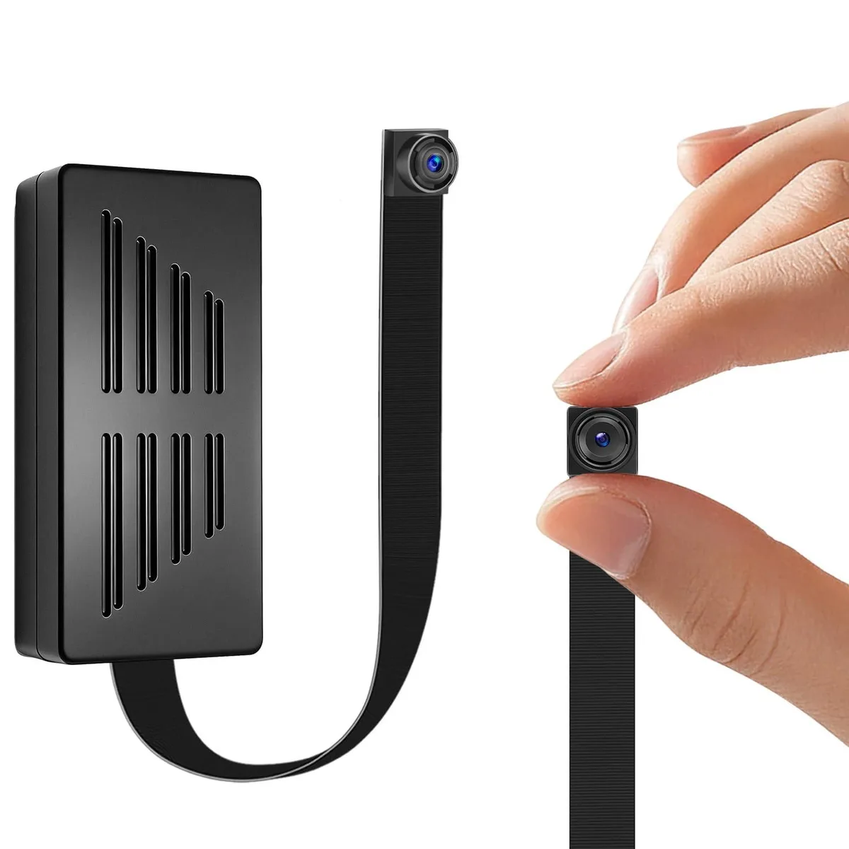 Tiny rectangular camera with matte dark finish and a small lens on the front