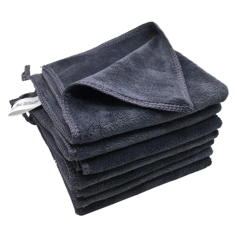 Square grey-black microfiber cloth 12 inches by 12 inches with stitched edges