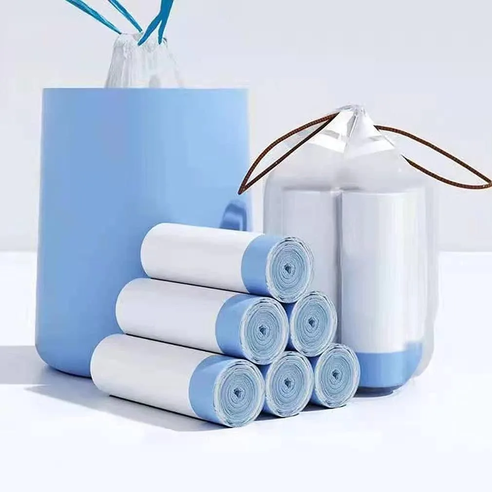 Pack of 100 white 3.5-gallon drawstring trash bags with blue handles