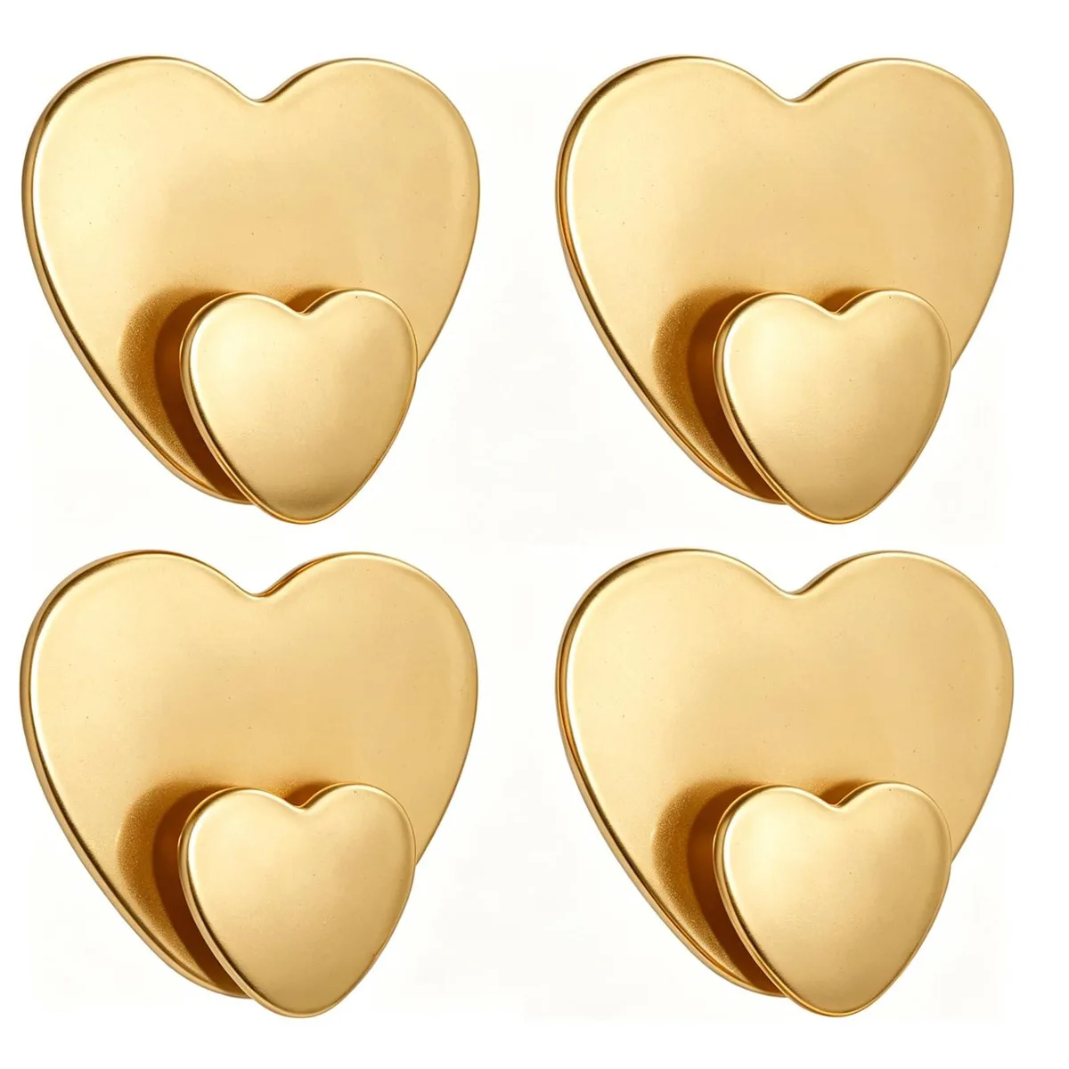 Four gold heart-shaped self-adhesive wall hooks, stainless steel with luxury finish, each 2.1 by 1.8 inches