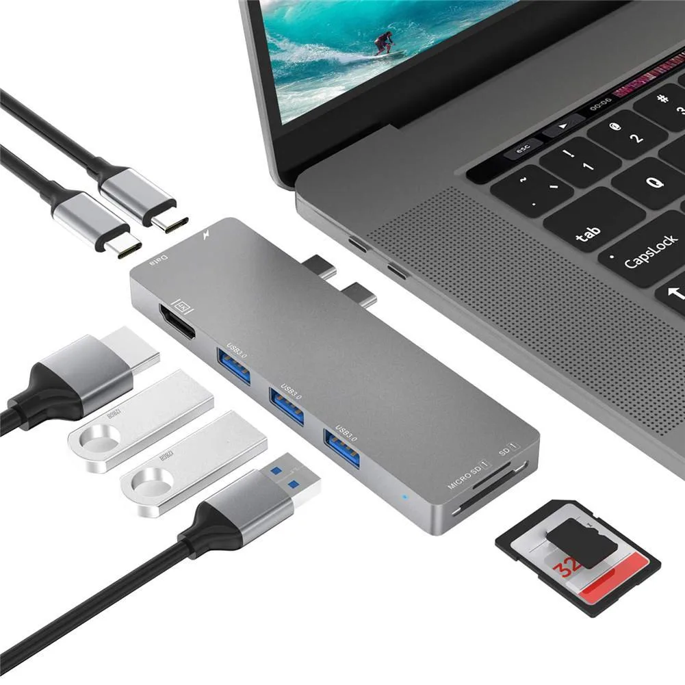 WRIARICH WRIARICH 8-in-2 USB-C Hub Grey Thunderbolt 3 4K HDMI 100W PD — product photo