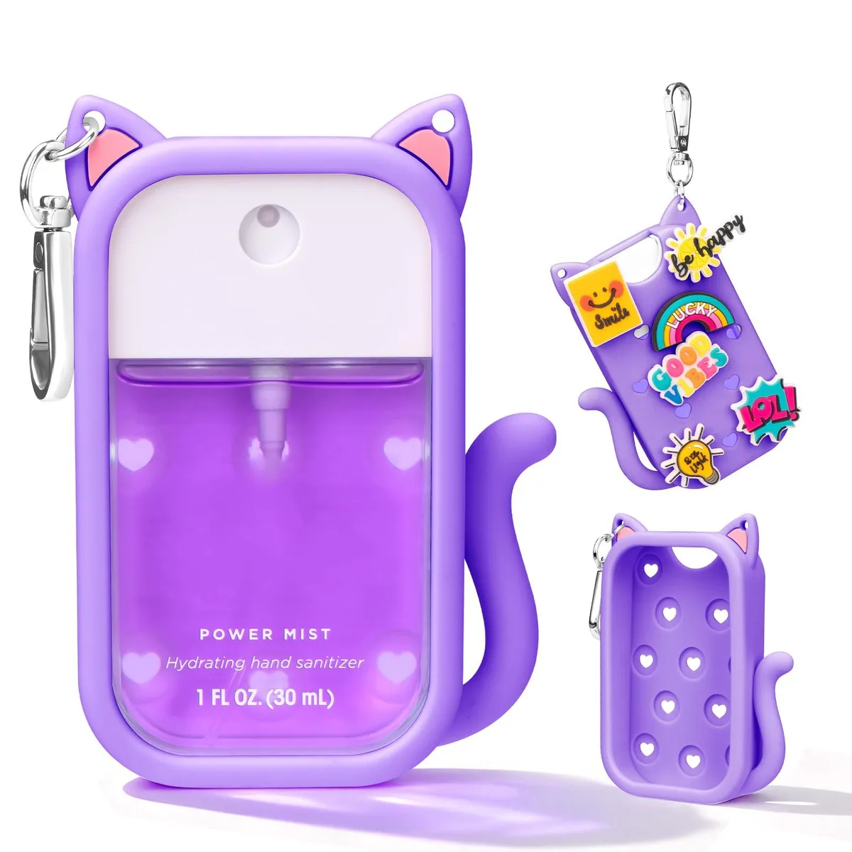 Purple silicone cat case for Touchland 30ml with metal keyring and six charms