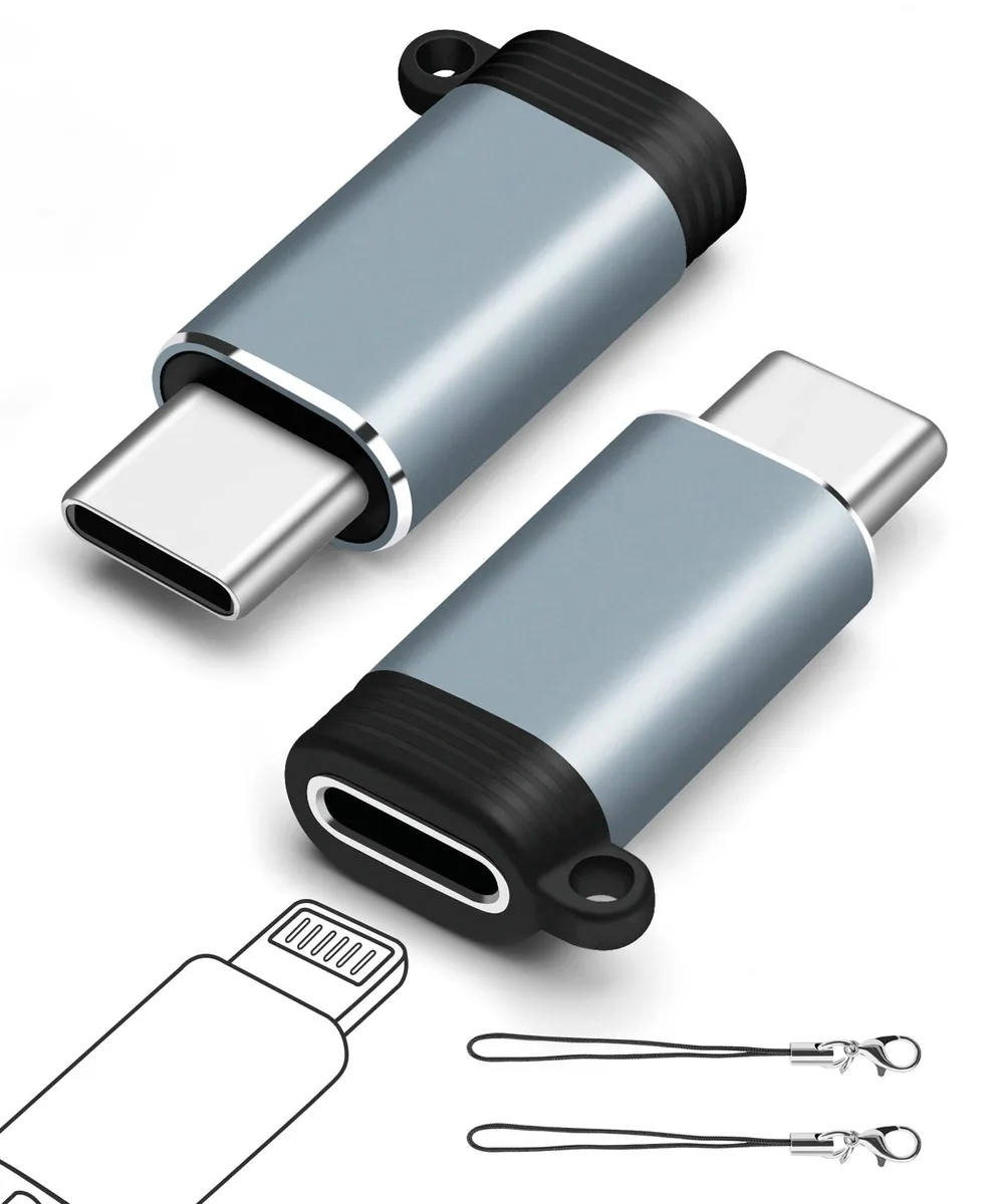 Two grey Lightning female to USB-C male adapters with keychain loops