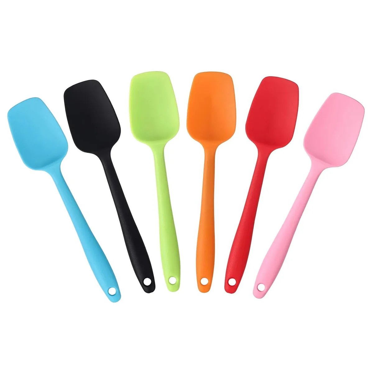 Six small black silicone spatulas with coloured handles, 7.8 inches long