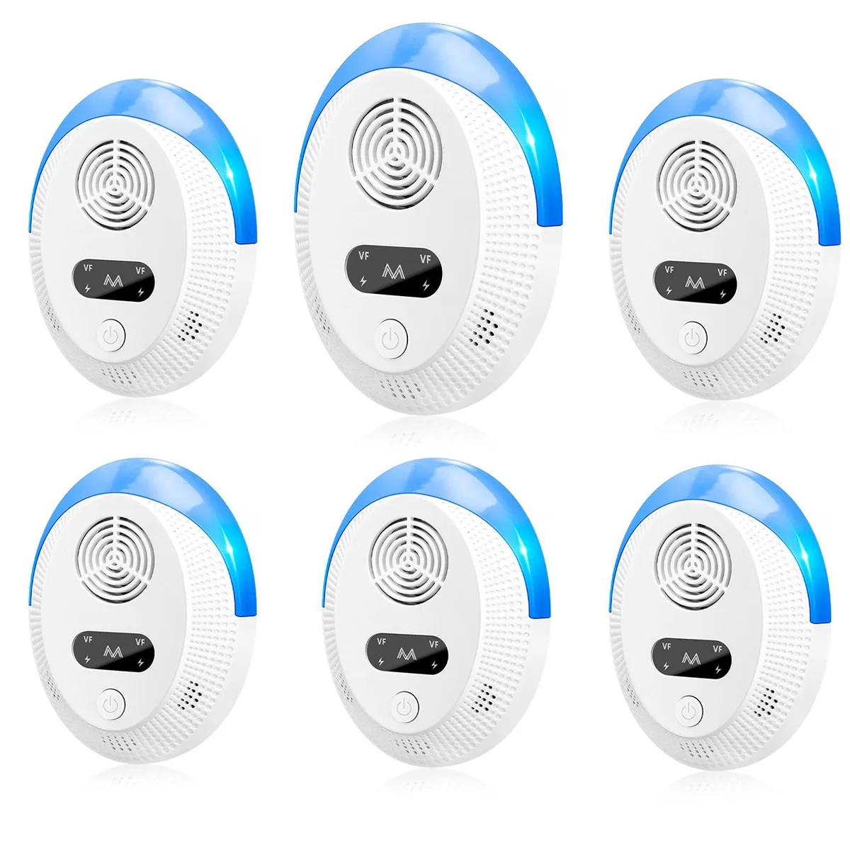 Six white rectangular plug-in units with front LEDs and vertical orientation
