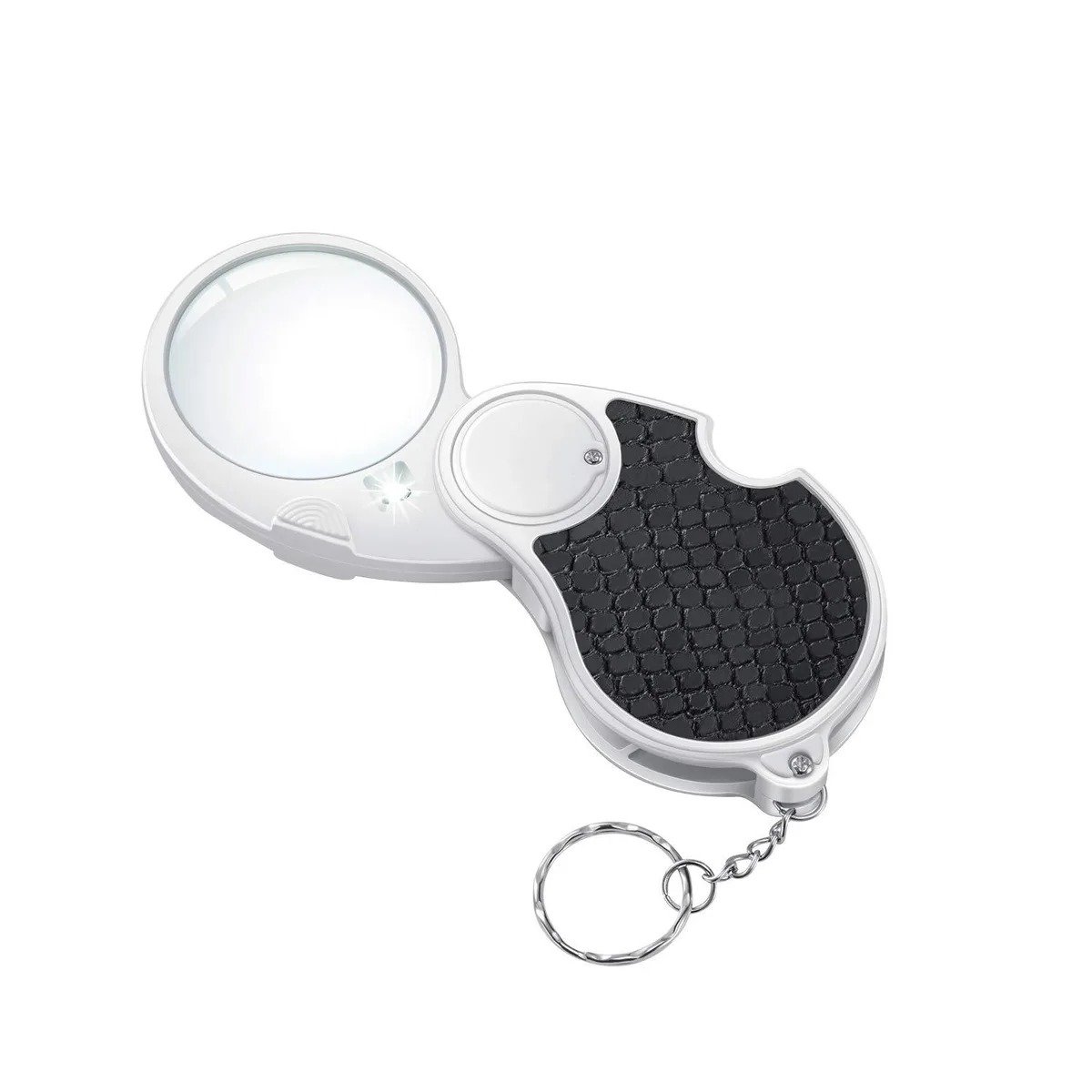 Twelve white folding pocket magnifiers with LED lights and textured grips