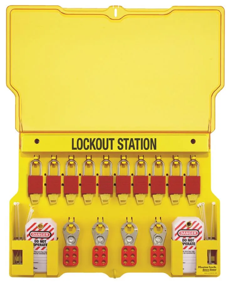 Red translucent polycarbonate lockout station with ten padlocks, two hasps and tag packs inside