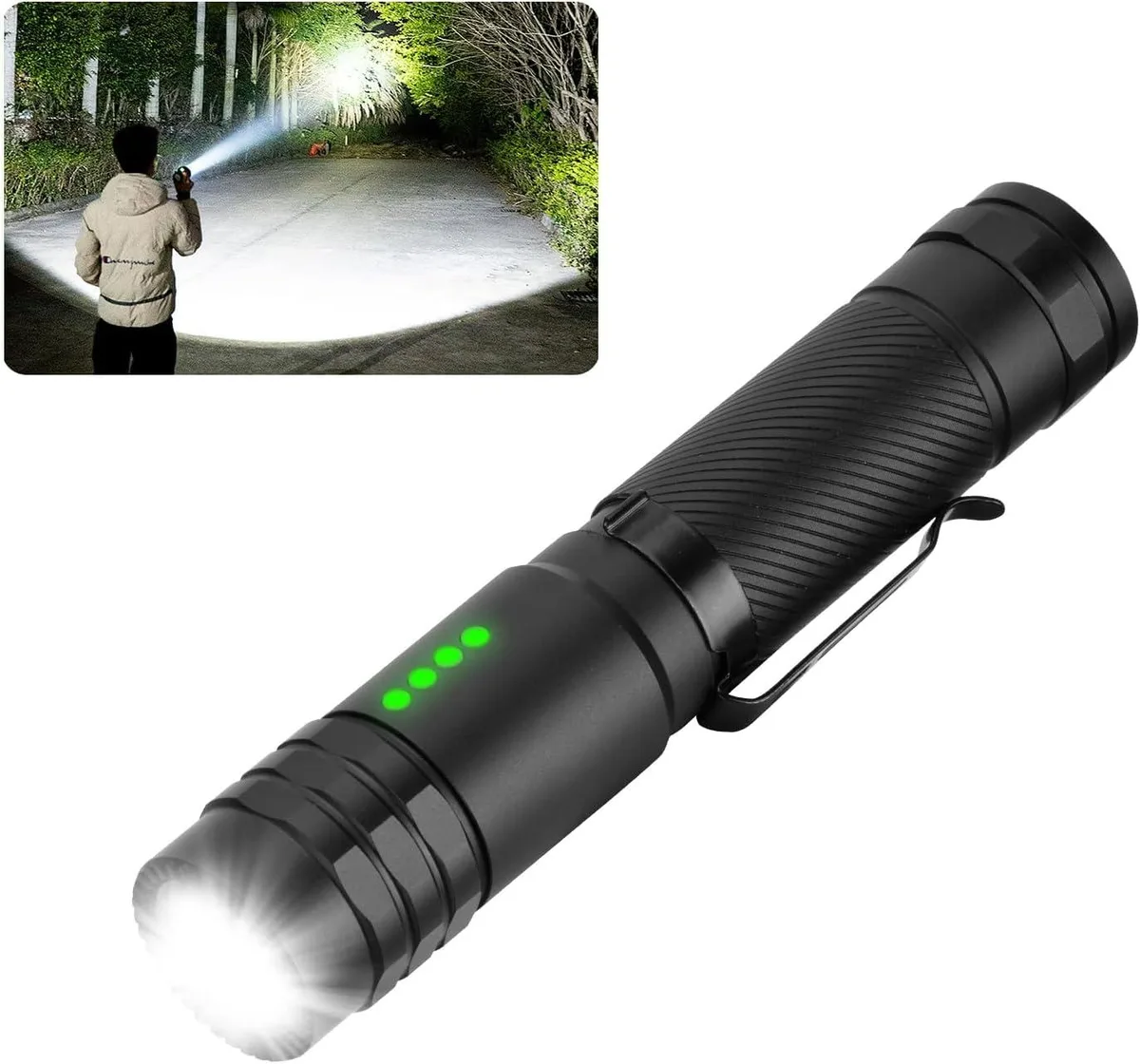 Compact 5.3 inch aluminium flashlight with USB-C port and four power indicator lights