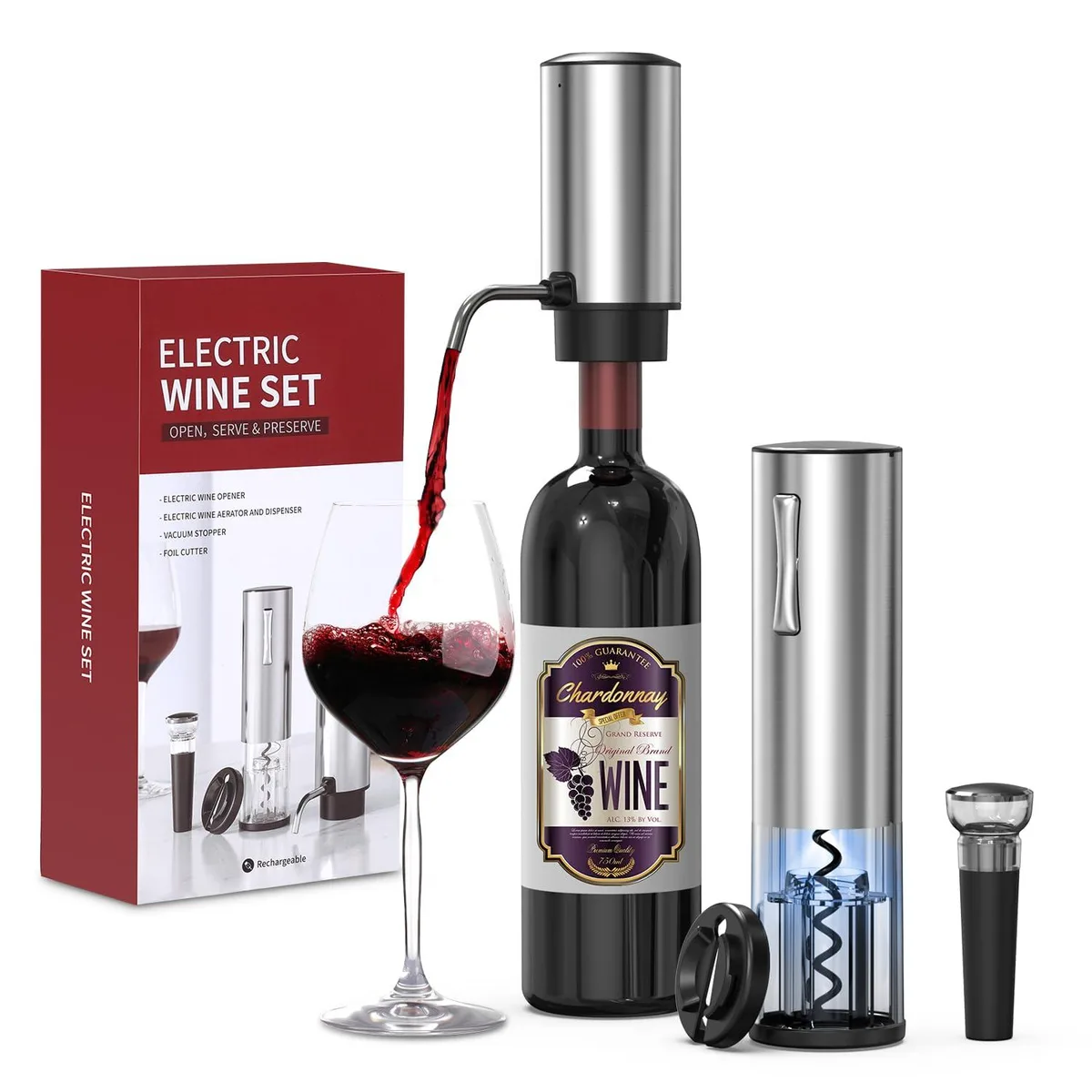 Silver electric wine opener set with foil cutter, vacuum stopper and aerator