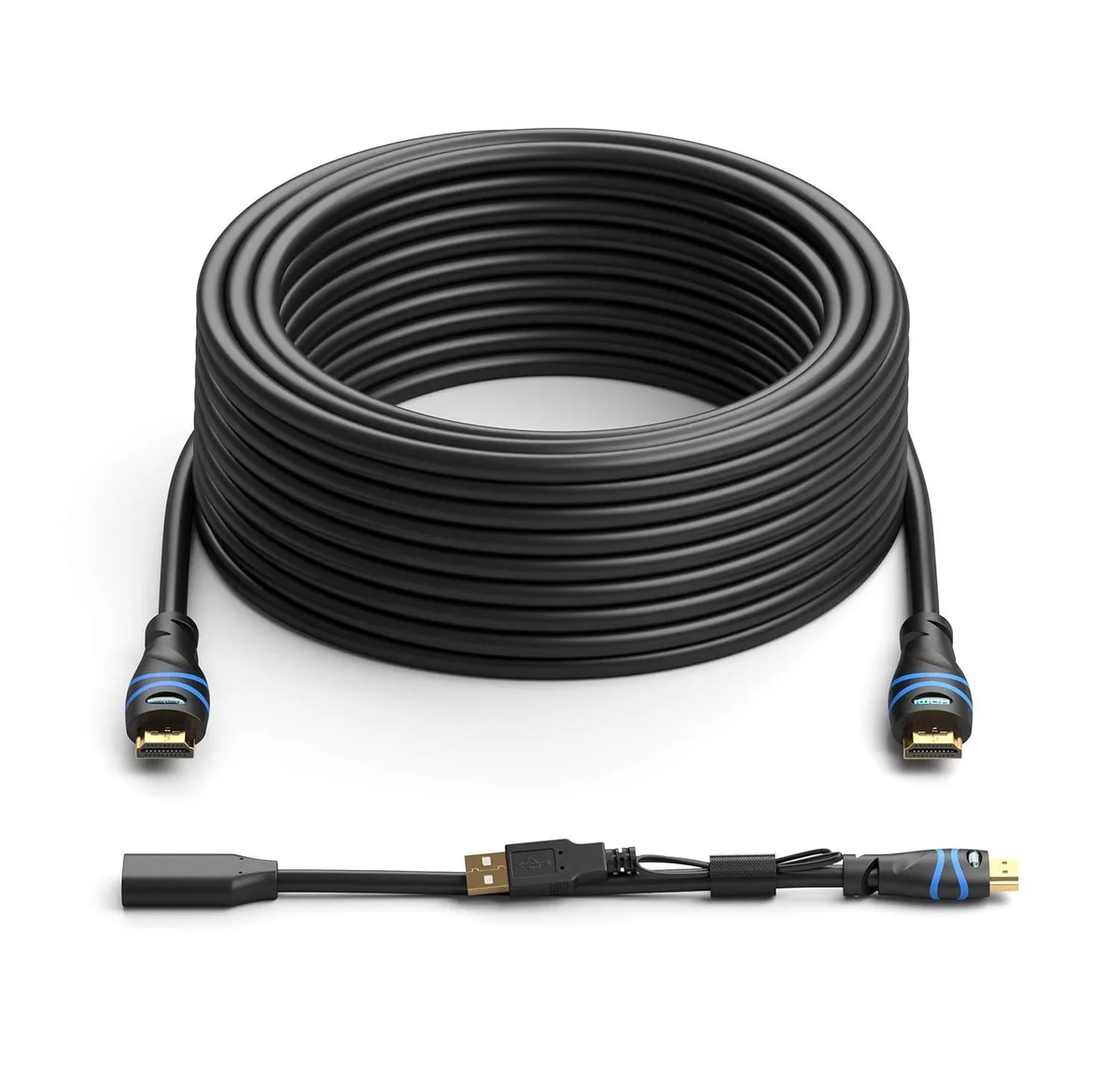 Black 35 ft HDMI cable with separate 1 ft booster dongle, gold connectors
