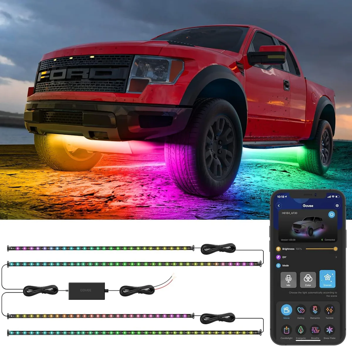 WUQ WUQ 4 pcs RGBIC Smart LED Underglow Lights 16 Million Colors 10 Scene Modes App Control DC 12-24V — product photo