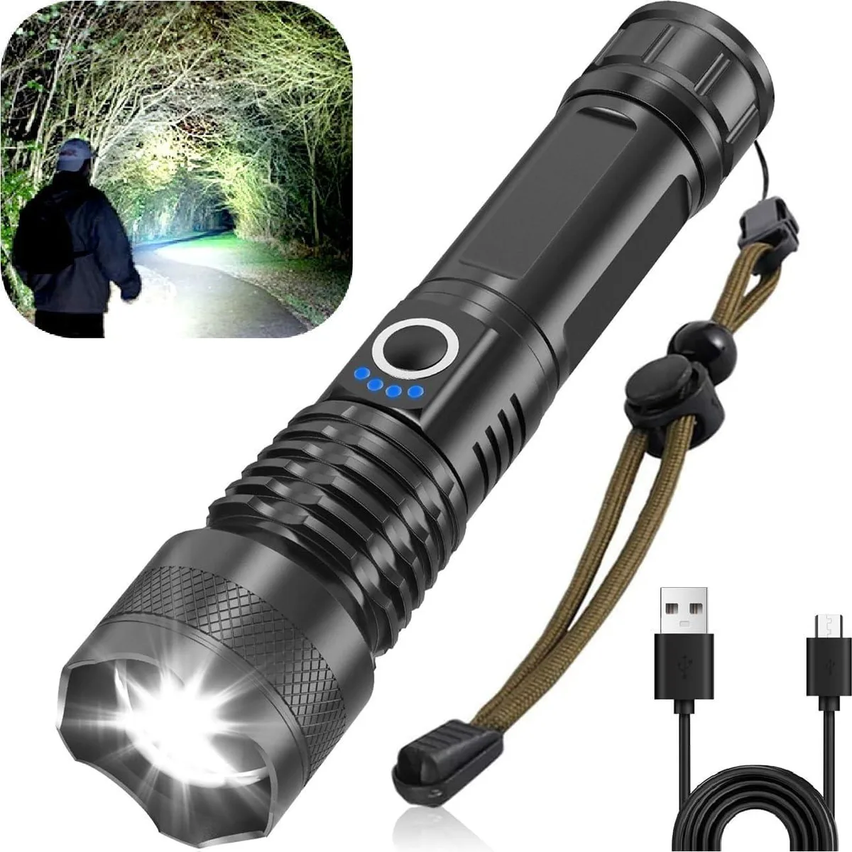 Cylindrical aluminium flashlight, matte grey finish, textured grip, zoomable head, USB charging port, four blue indicator LEDs
