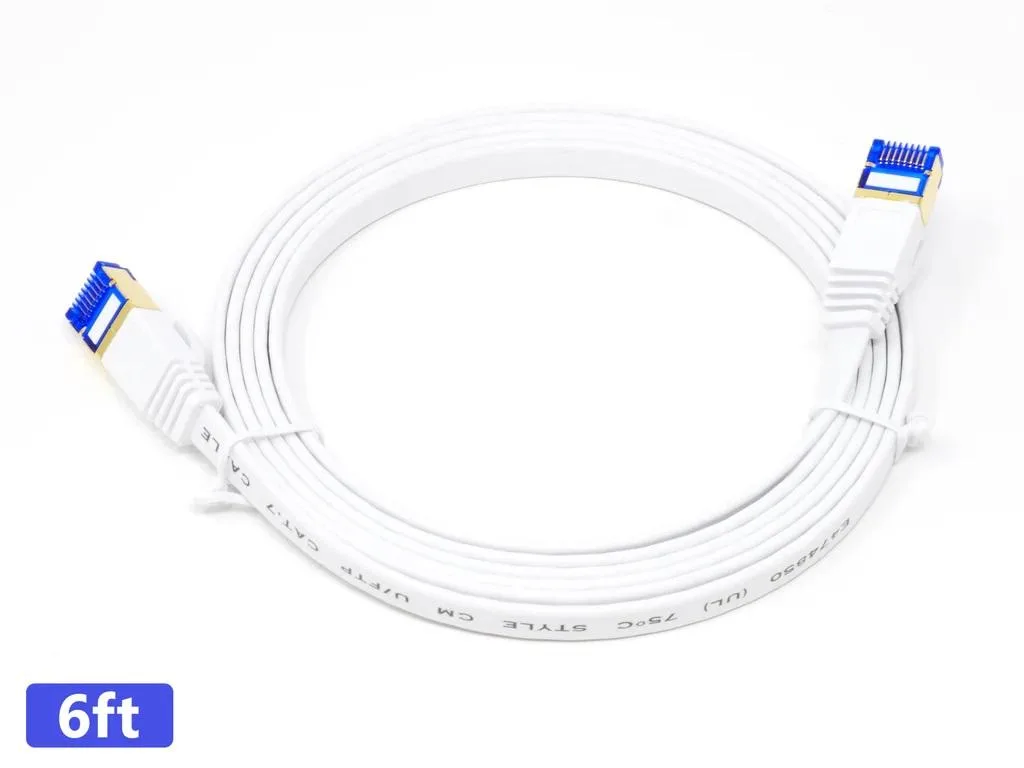 White flat Cat 7 Ethernet cable with RJ45 connectors, six feet long