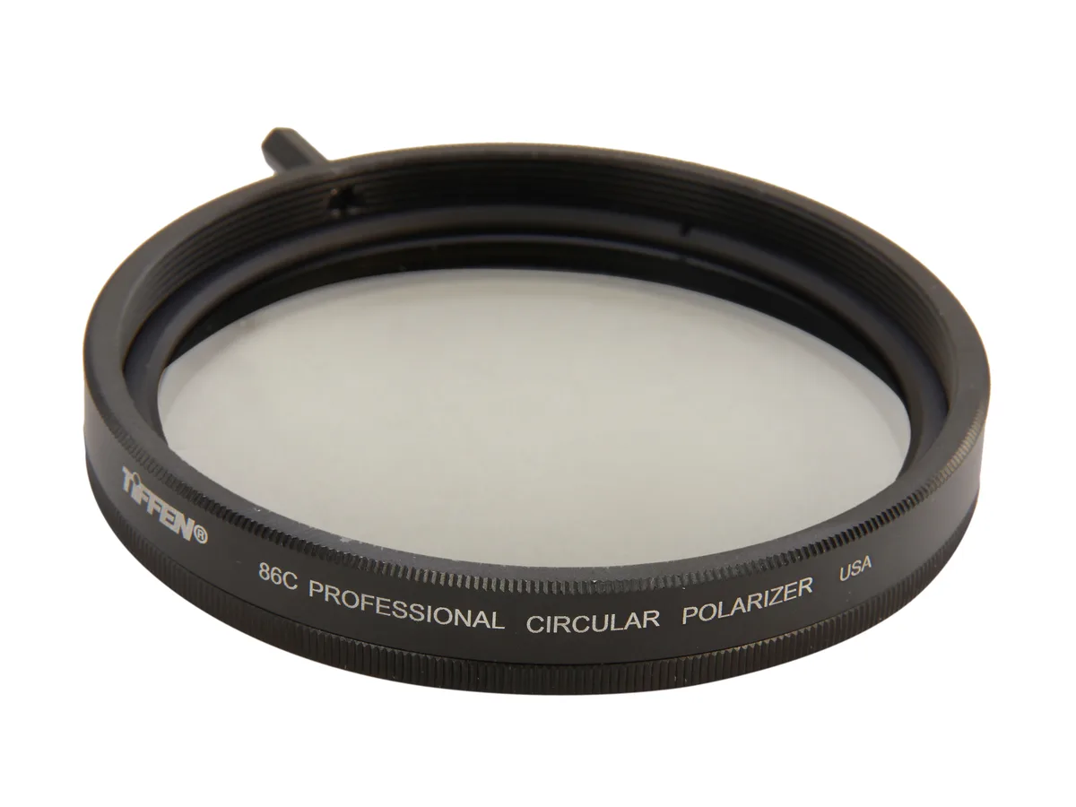 Tiffen 86mm circular polarizer filter, slim black metal ring with rotatable front element