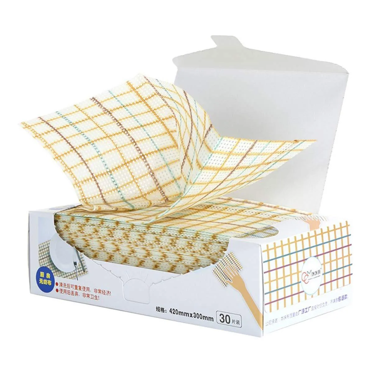 A box of 30 white disposable cleaning cloths, 11.8 by 16.5 inches, folded in a rectangular carton