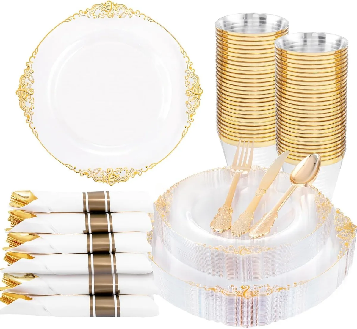 Clear gold plastic plates, cups, cutlery and napkins for 25 guests